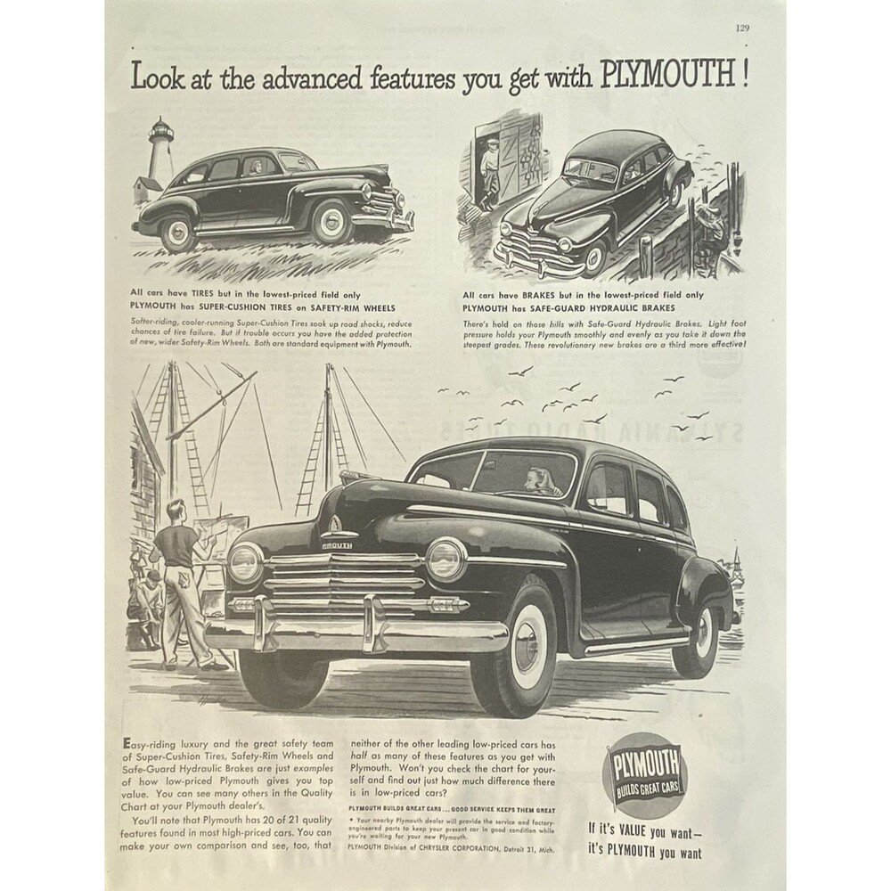 Plymouth "Easy Riding Luxury-Great Safety of Cushion Tires" Vintage Print Ad '48